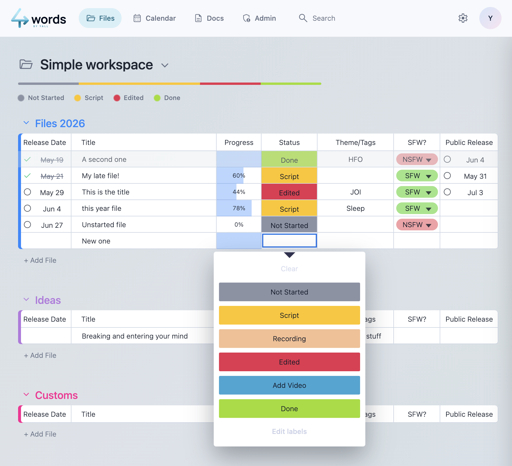 4words workspace with file statuses and label menu